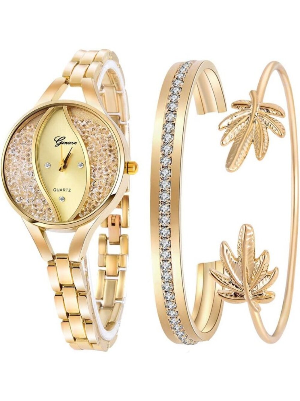 Women's Gold Diamond Bangle Bracelet Jewelry Set Analog Quartz Wrist Watch
